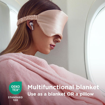 Bedsure Travel Blanket Airplane Compact with Storage Bag, Packable Blanket with Eye Mask, Lightweight 2-in-1 Travel Essentials, Functioned as Pillow for Airplane Comfort and Warmth, Pink