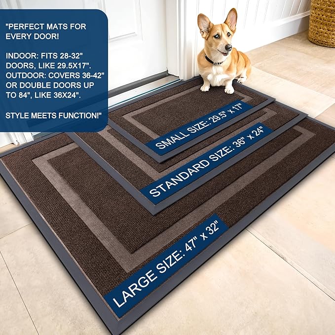 OLANLY Front Door Mat Indoor Outdoor Entrance, Waterproof All-Season, All-Weather Doormat, Sturdy Natural Rubber, Fade Resistant, Low Profile, Easy Clean Patio Porch Entryway Mat, 47x32, Dark Brown