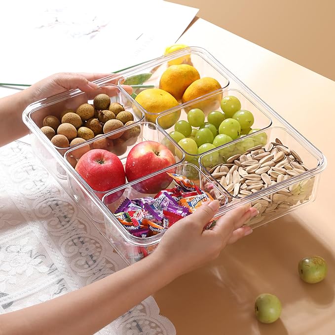 Taiuloo Divided Serving Tray with Lid & Handle, Airtight 6 Compartment Snackle Box Charcuterie Container, Fridge Organizer Bins, Food Storage Container Veggie Tray for Snack, Fruit, Candy, Nuts