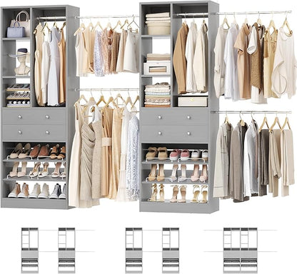 Closet System, Up to 134"/11.2 FT Closet Organizer with 4 Wooden Drawers and Shelves, Walk-in Closet System with 6 Hanging Rods, Built-in Closet Can Fit 96"/8FT, 120"/10FT, Morandi Grey