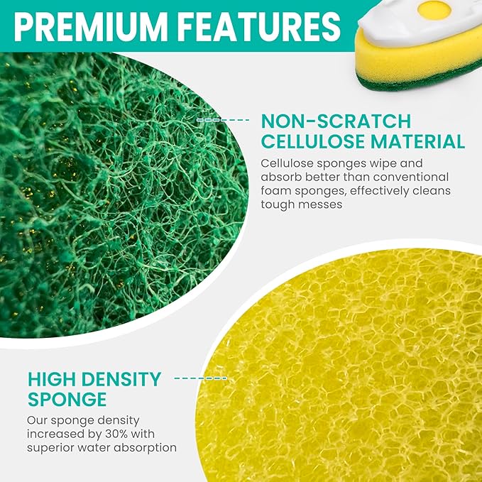 HELIME Heavy Duty Dish Wand Refills Kit with Handle, 6 Non Scratch Dishwand Refill Pack, Replacement Sponge Heads Set,Dishwashing Scrub Brush,Soap Control Dispenser Scrubbers, Dishwasher Cleaning Tool