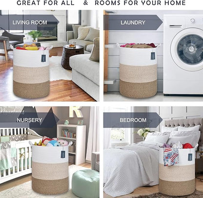 COMSE Extra Large Blanket Basket, Tall Woven Storage Basket, Nursery Hamper, 15.7”x 21.7”, Cotton Rope Laundry Hamper for Toys Clothes Towels, White/Gradient Brown