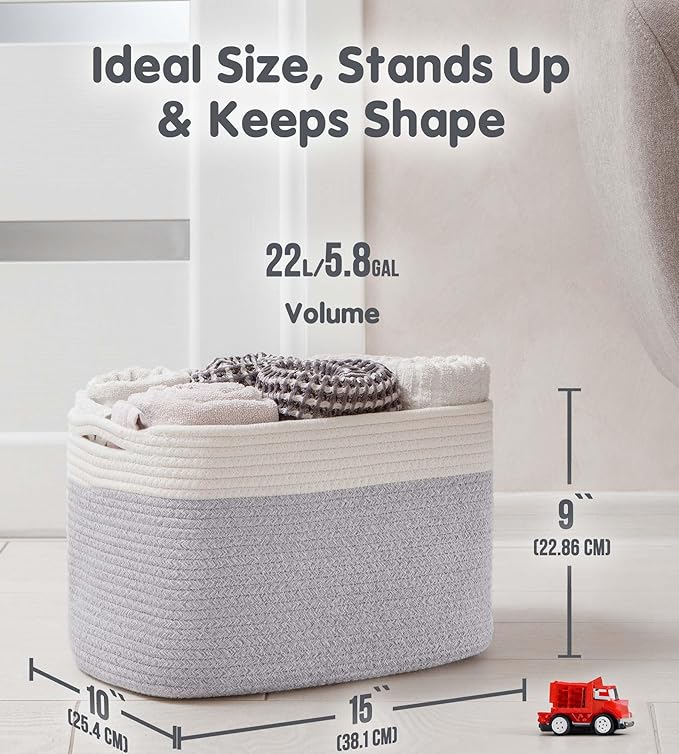 CHAT BLANC Cotton Rope Baskets for Organizing | Storage Baskets for Shelves | Rope Basket for Storage, Small Laundry Baskets, Woven Baskets for Storage, Dog Toy Bin, Baby Basket,Off White &Gray 3 Pack