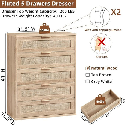 LEYAOYAO Rattan Dresser for Bedroom Set 2, 41" Tall Chest of Drawers, Modern 5 Drawers Boho Dressers with Storage, Light Oak Dresser Wooden Closet Organizer for Living Room, Hallway, Natural Wood