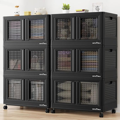 BROVIEW 120Gal Stackable Storage Bins with Lids & Wheels, 480Qt Plastic Collapsible Closet Organizer and Storage Drawers, Storage Boxes Cabinets for Home, Office, 6 Pack, Black