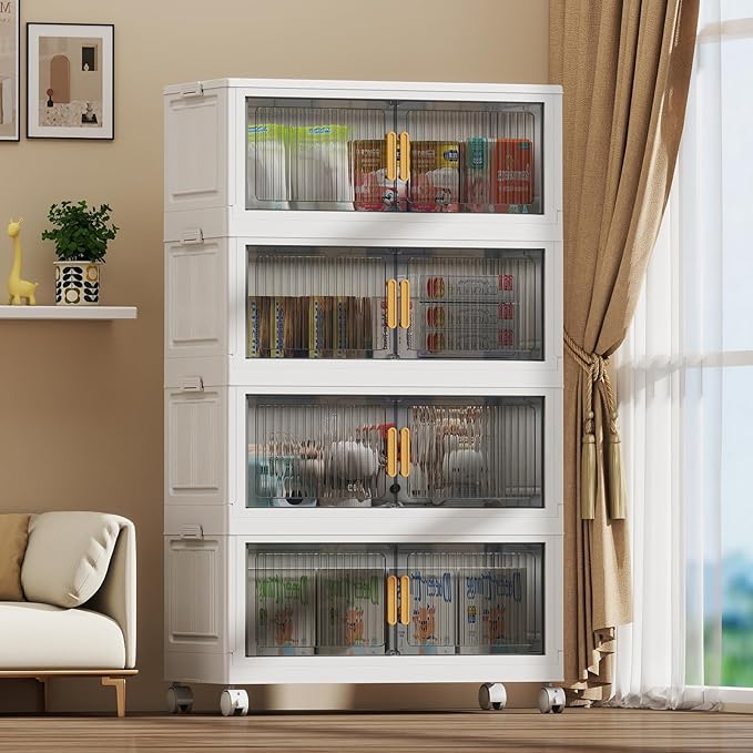 80Gal Stackable Plastic Storage Bins with Lids, Collapsible Closet Organizers and Storage with Wheels for Living Room,Office,Dorm 26.8" W x 14.4" D x 48.6" H, 4 Tier