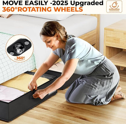Underbed Storage with Wheels, 2 Pack Under Bed Storage Containers with Clear Lids No Assembly Required, 6.1 inch Rolling Under Bed Storage for Clothes, Shoes