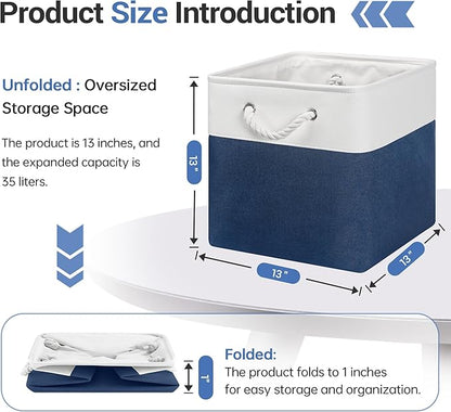 13x13 Inch Cube Storage Bins with Reinforced Bottom Cardboard, 6 Pack Large Collapsible Fabric Storage Cubes with Handles for Shelf, Closet, Toy, Laundry Organization (White&Navy Blue)