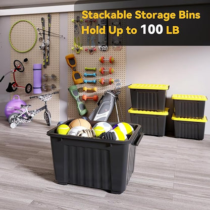 Nazhura 72 Quart Plastic Storage Bin, Stackable and Nestable Storage Boxes with Yellow Lids and Secure Latching Buckles, Large Storage Container (Black/Yellow, 72Quart-4Pack)