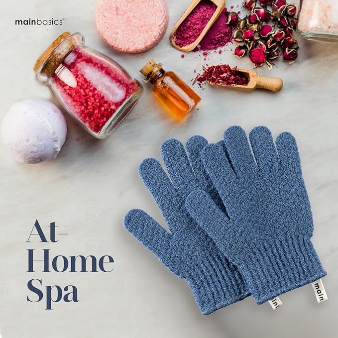 MainBasics Deep Cleansing Exfoliating Bath Gloves - Heavy-Textured Nylon Shower Scrub for Dead Skin Removal - Machine Washable with Hanging Loop (1 Pair, Pigeon Blue)
