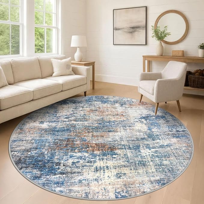 IOHOUZE Abstract Round Area Rug 8 Ft Washable Circle Rugs Large Round Rug Non Slip Thin Soft Circle Rugs, Printed Faux Wool Floor Carpet for Bedroom Living Room Dining Room Nursery, Blue Rust