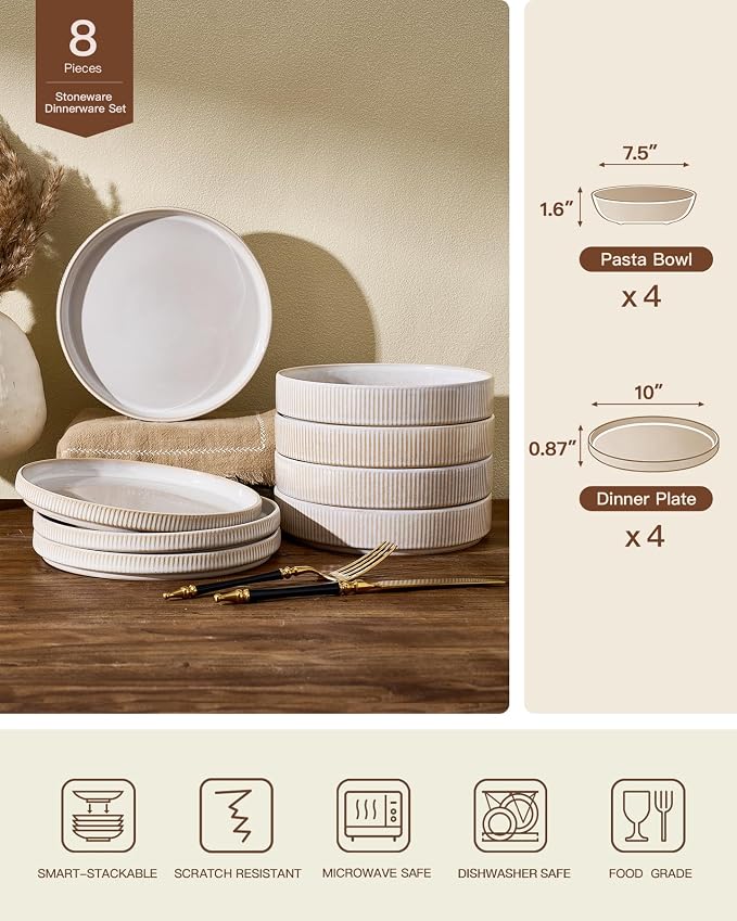 Stoneware Dinnerware Sets for 4, 8-Piece Wide Pasta Bowls and Salad Plates |