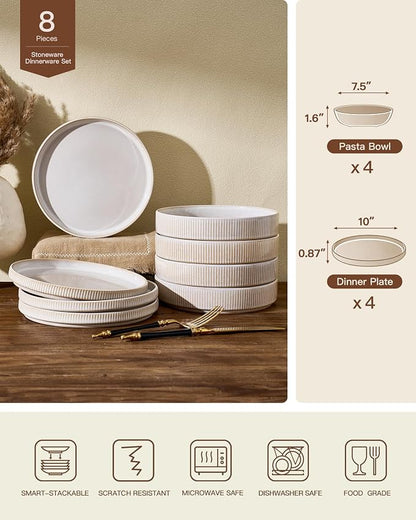 Stoneware Dinnerware Sets for 4, 8-Piece Wide Pasta Bowls and Salad Plates |