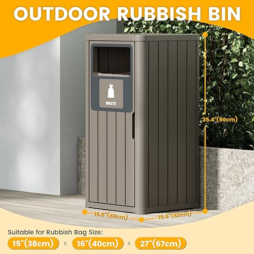 Outdoor Trash Can Waterproof Resin Garbage Can with Garbage Labels Outdoor Trash Bin for Patio, Garden,Kitchen