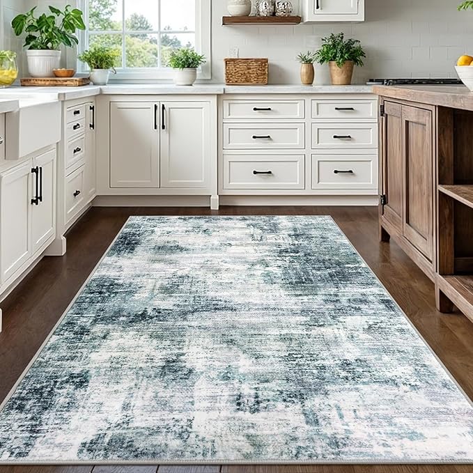 IOHOUZE Modern Abstract Area Rugs 5x7 Ft Washable Rugs for Living Room, Non Slip Dining Room Rug, Printed Faux Wool Rugs for Bedroom, Floor Carpet for Office Nursery Playroom, Sage Grey