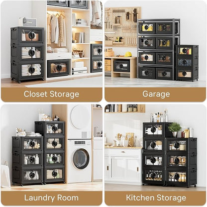 JEKO&JEKO 249Qt Lockable Stackable Storage Bins with Lids, Collapsible Closet Organizer with Wheels, Plastic Cabinet Drawer for Clothes, Dorm Room 3 Pack (Black)