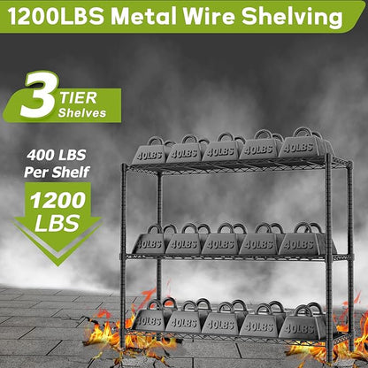 Storage Shelves, 48" L x 20" W x 47" H Heavy Duty Garage Wire Shelving Unit Loads 1200LBS, 3-Tier Adjustable Metal Industrial Utility Shelf Rack for Kitchen, Laundry Room, Basement