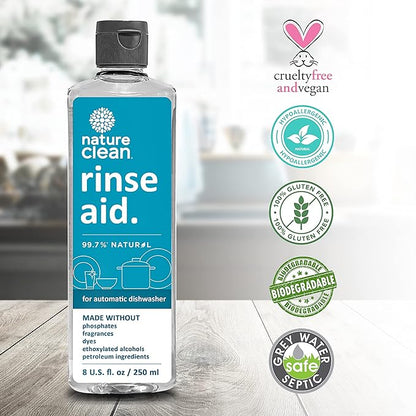 Nature Clean All Natural Dishwasher Rinse Aid Cleaner, Liquid Dishwasher Rinse Agent for Spot-Free Glass & Cutlery in Hard Water, Non Toxic Dish Washer Rinse Aid & Stain Remover, 8 oz/250ml, Pack of 3