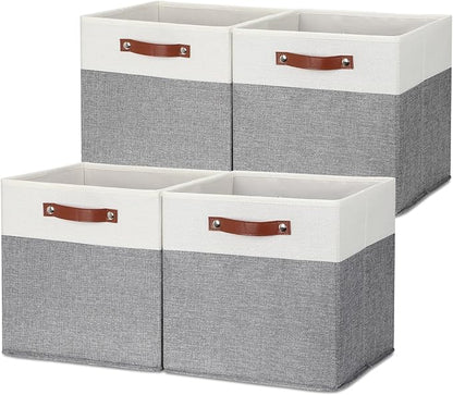 HNZIGE Foldable Storage Bins 13x13 Storage Cubes Set of 4 Fabric Linen Storage Baskets for Shelves Drawer with Handles Organizer for Shelves Toy Nursery Closet Bedroom