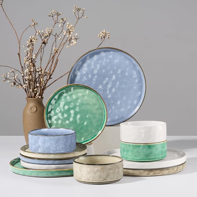 HaWare Dinnerware Sets, 12-Piece Plates and Bowls Set, Stoneware Dish Set