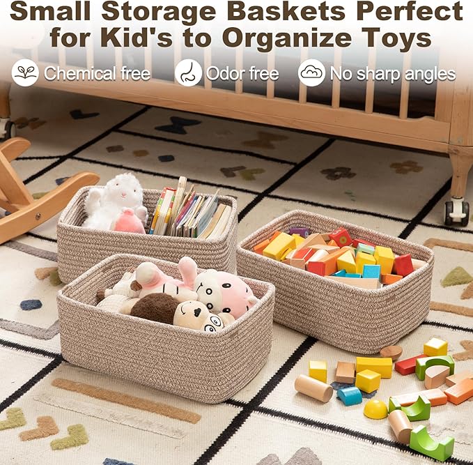 3 Pack Small Storage Baskets for Organizing, Cute Woven Decorative Gift Baskets for Shelves, Mini Closet Organizer Bins with Handles-13''Lx8.66''Wx5.11''H-Brown