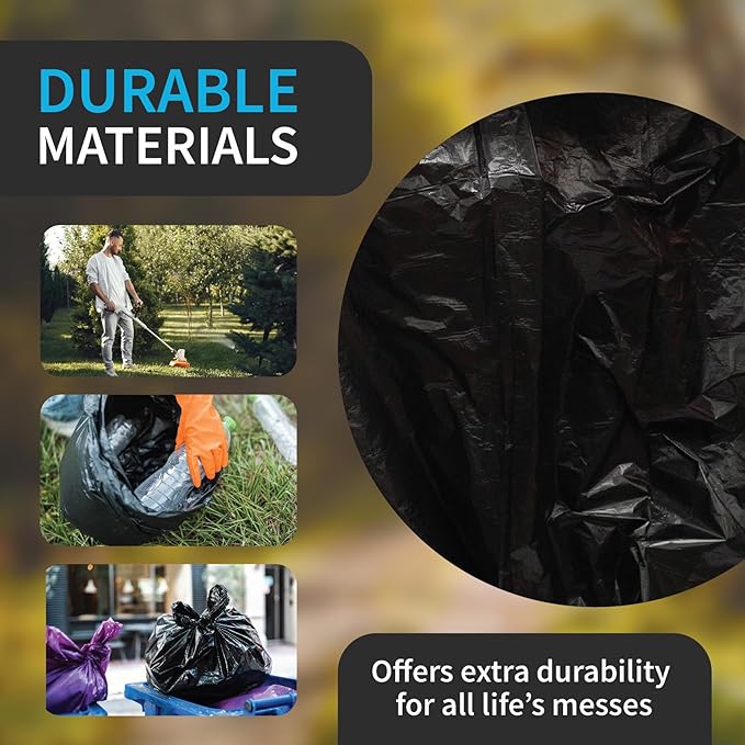 Black Garbage Bags, Made in USA, 40-45 Gallon, Light Duty, Durable, Unscented, High Density, Industrial and Commercial Use, for Lawn, Leaf, No Ears, No Ties, Bulk 250 Count