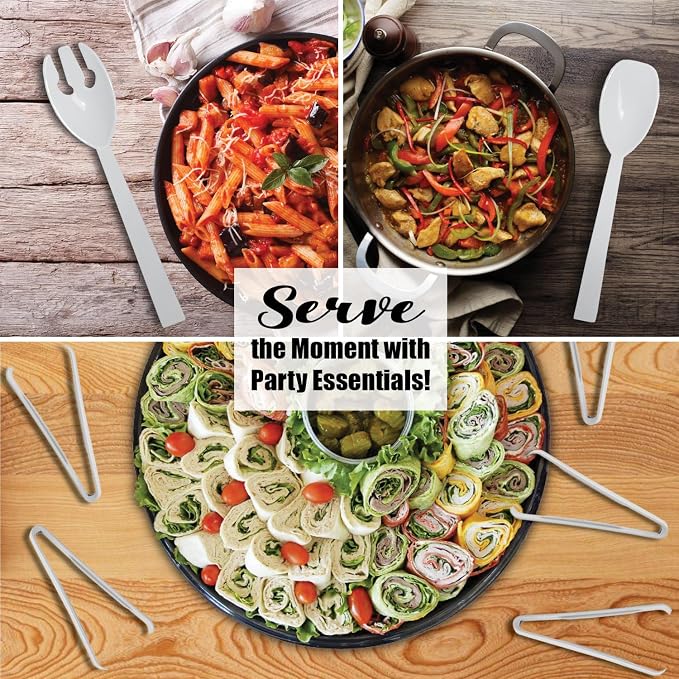 Party Essentials Plastic Party Buffet Serving Utensils Kit, Spoons/Forks/Tongs