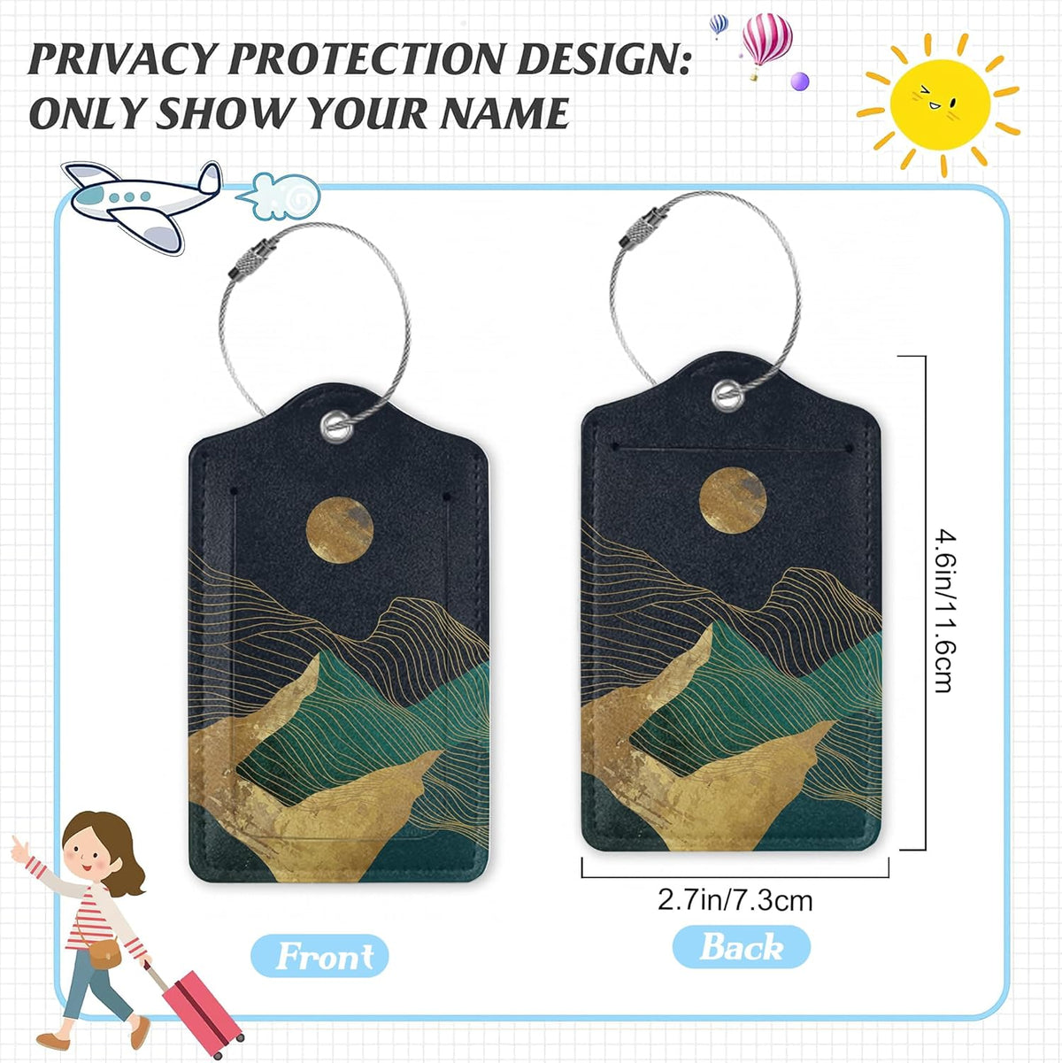 3 Pack Luggage Tag for Suitcase,Green Gold Abstract Mountains Moon Leather Luggage Tags with Privacy Cover Name ID Label Identifiers Travel Bag Tags for Women Men Boys Girls