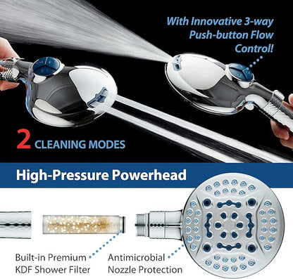 AquaCare 4X High Pressure 10-mode Filter Handheld Shower Head with Dual Power Wash - Clean Tub, Tile & Pets, Remove Chlorine, Metals & Toxins from Water to Protect Skin, Hair & Nails. Chrome Finish