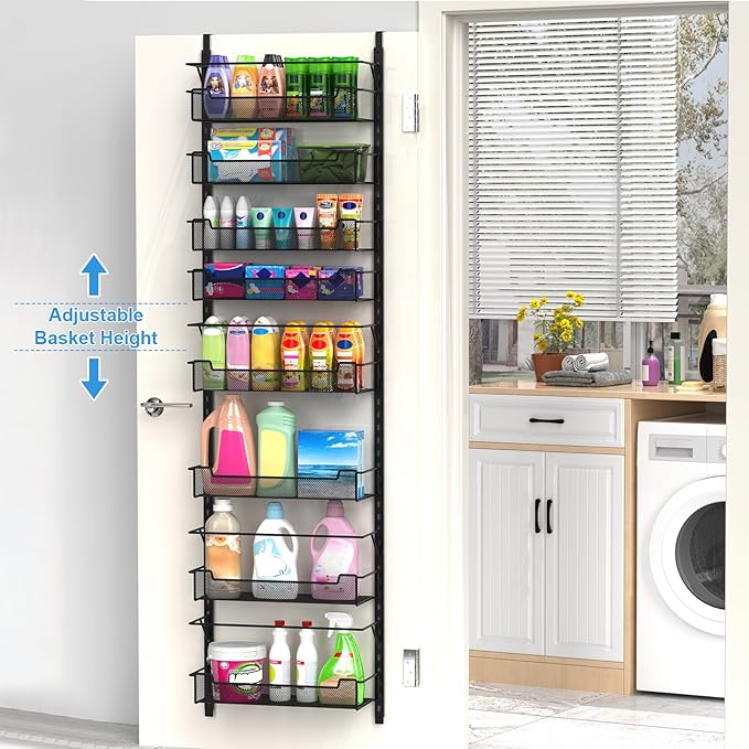 Over the Door Pantry Organizer, 8-Tier Over the Door Organizer with Adjustable Basket, Pantry Door Organization for Pantry Kitchen Storage Room Spice Rack, Black