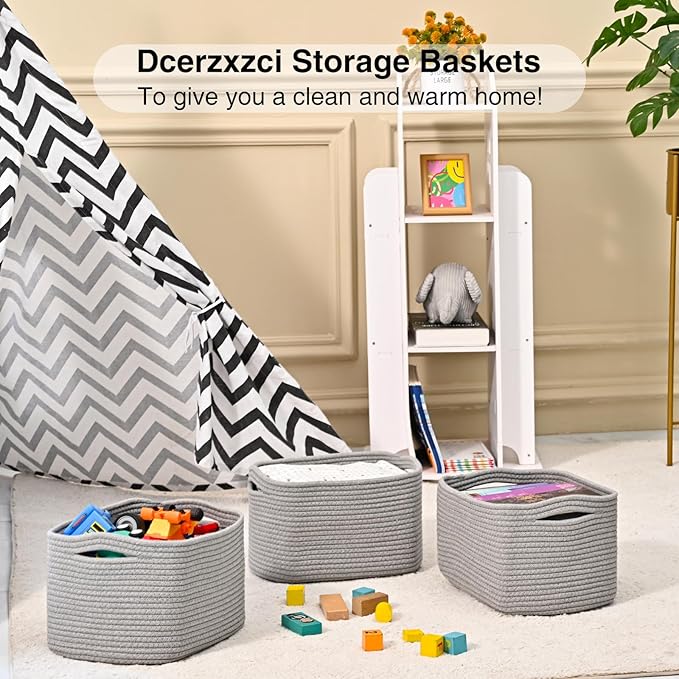 Small Storage Baskets for Organizing, Woven Storage Baskets for Shelves, Cotton Rope Basket for Storage, Cute Rectangular Book Toy Grey Basket, 12.7"×9.1"×7.9", 4 Packs, Grey