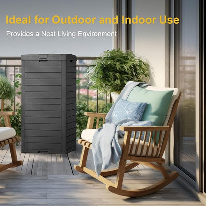 Outdoor Trash Can Waterproof Resin Garbage Bin, 31 Gallon with Tiered Lid and Drip Tray, for Patio, Backyard, Deck（Grey）, Gray