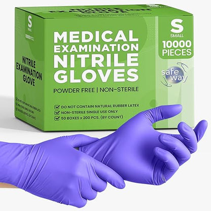 SafeWay Nitrile Disposable Gloves — Multi-Purpose Powder-Free, Non-Latex, Medical Use, and Textured Fingertips for Food Prep, Cleaning, Tattoo, Nursing, Lab, Examination, & More — (10000 pcs, Small)