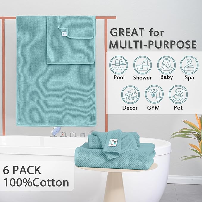 Towels for Bathroom - 100% Cotton | Lightweight | Thick | Soft, Quick Dry Towels, Bath Towel Set of 6 Large, 2 Bath 30"x56", 2 Hand 18"x28", 2 Washcloths 13"x13", Luxury Shower Towel Set, Aqua Teal