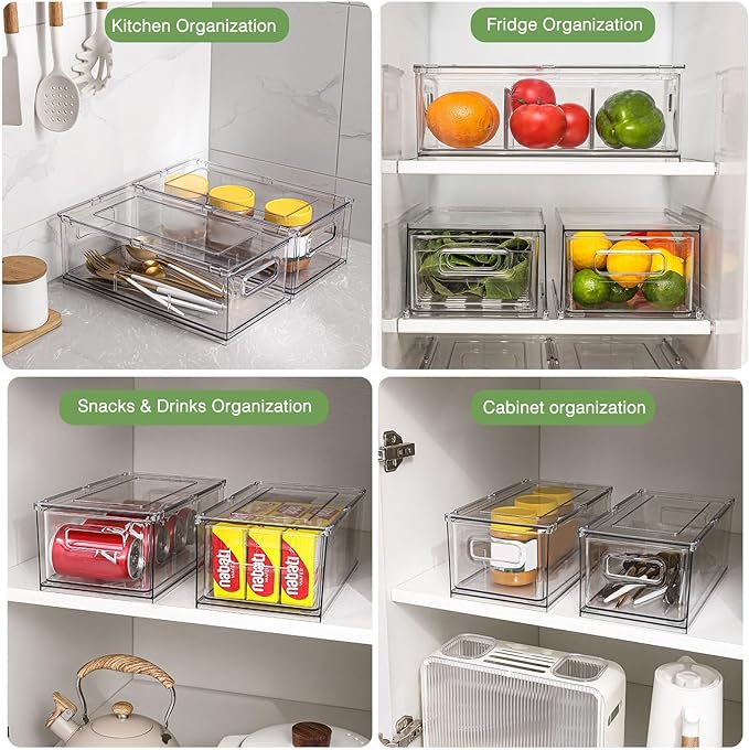shopwithgreen Refrigerator Organizer Bins with Pull-out Drawer, Drawable Clear Fridge Drawer Organizer with Handle, Plastic Kitchen Pantry Storage Containers , 2 Pack, 3.7QT