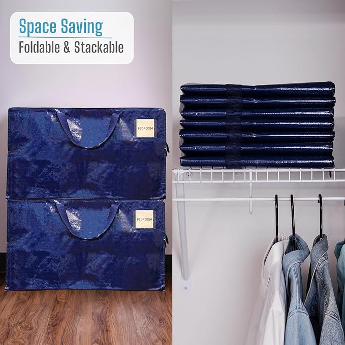 VENO 4 Pack Moving and Storage Bags, Heavy Duty, Alternative to Moving Boxes, Large Packing Totes Supplies for College Dorm Room with Zipper for Clothes, Wide Open Design (Blue, 4 Pack)