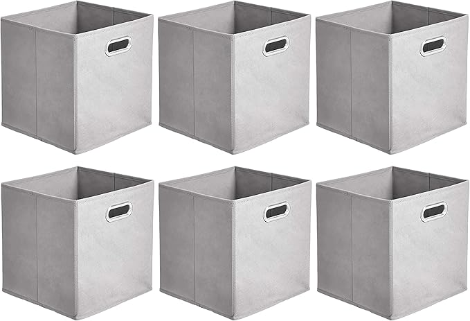 Amazon Basics Collapsible Cube Storage Organizer Bins, 6-Pack, 10.5 x 10.5 x 11 inches, Light Grey