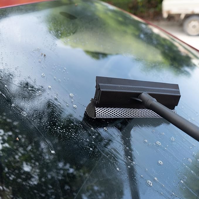 Matthew All Purpose Window Squeegee w/Premium Microfiber Cloth,Car Squeegee Windshield Cleaning Sponge and Rubber Squeegee,2-in-1 Window Cleaner Sponge(10'') and Soft Rubber with Pole 20''(1Pack)