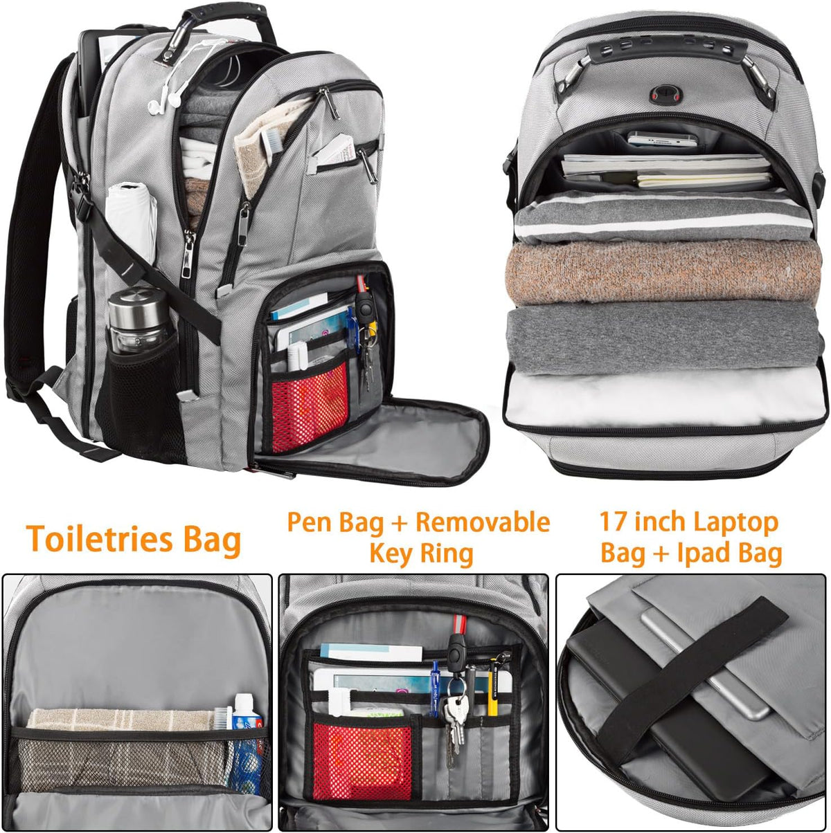 LTINVECK Extra Large 50L Travel Laptop Backpack, Computer bag Backbag with USB Charging Port, TSA Friendly Durable Big RFID Heavy Duty Business Tech Backpack Fits 17 Inch Laptops for Men Women, Grey