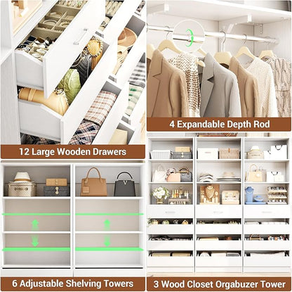 Aheaplus Closet System Set of 3, 138.5" Wood Closet Organizer System Tower with 12 Drawers & 4 Hanging Rods, 6.7+4.85Ft L Shaped Walk-in Closets Wardrobe Organizer Garment Rack with Shelves, White