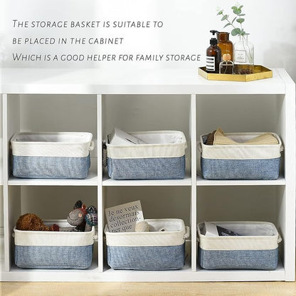 TcaFmac Storage Basket for Shelves - Small 6 Pack Fabric Storage Bins for Organizing, Collapsible Storage Cubes with Handle for Closet Cloth Toy Decorative Gift (White & Blue11.8 x 7.8 x 5.2 inch)