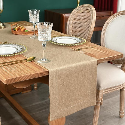 NEWISHER Farmhouse Rustic Table Runner Solid Flaxen Rectangular Table Runners Faux Linen Table Runner for Everyday Use Kitchen Dining Party Table 13x60 Inch