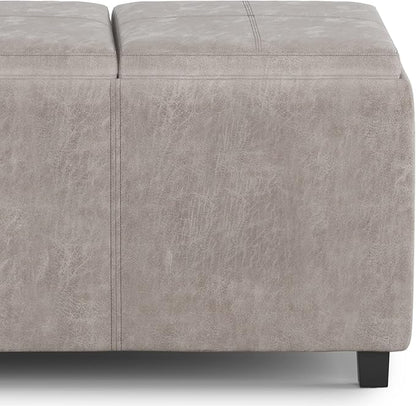 SIMPLIHOME Avalon 42 inch Wide Contemporary Rectangle Storage Ottoman in Distressed Grey Taupe Vegan Faux Leather, Assembled, for the Living Room, Entryway and Family Room