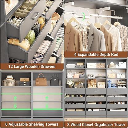 Aheaplus Closet System Set of 3, 138.5" Wood Closet Organizer System Tower with 12 Drawers & 4 Hanging Rods, 6.7+4.85Ft L Shaped Walk-in Closets Wardrobe Organizer Garment Rack with Shelves, Grey