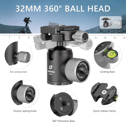 Carbon Fiber Lightweight Travel Tripod with 360° Ball Head, Reverse Folding, Removable Center Column, Folded Height 36cm, Maximum Load 8KG