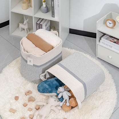 Storage Baskets for Clothes Fabric Cotton Rope Storage Basket with Handles, Decorative Woven Basket for Living Room,Closet Organizer Blankets, and 2bags (White/Gray, L16×W11.4×H15.9)
