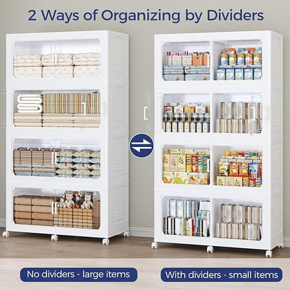 160GAL Extra Large Storage Bins with Lid, 640Qt Stackable Closet Organizers and Drawers, Collapsible Storage Bins with Wheels, Folding Storages Cabinet for Home Bedroom Office, 4Pack White
