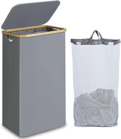efluky Laundry Basket with Lid and Removable Bag, 100L Tall Laundry Hamper with Bamboo Handles, Aesthetic Dirty Clothes Bin for Laundry Room, Bathroom, Bedroom and Dorm, Silver Grey