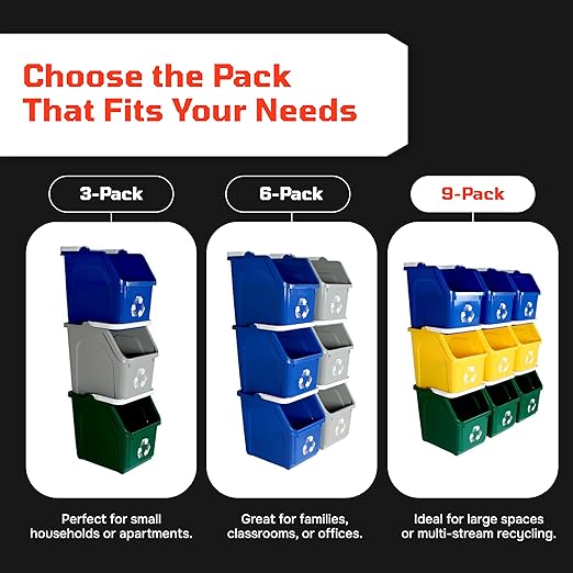 Multi Bin Recycling System with Nine Stackable 6 Gallon Recycle Bins to Build Your Recycling Center for Offices, Kitchen, Garages, Businesses (9 Pack, Blue/Yellow/Green)
