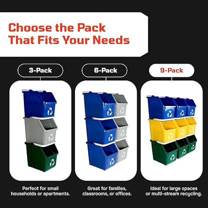 Multi Bin Recycling System with Nine Stackable 6 Gallon Recycle Bins to Build Your Recycling Center for Offices, Kitchen, Garages, Businesses - (9 Pack, Blue/Grey/Green)
